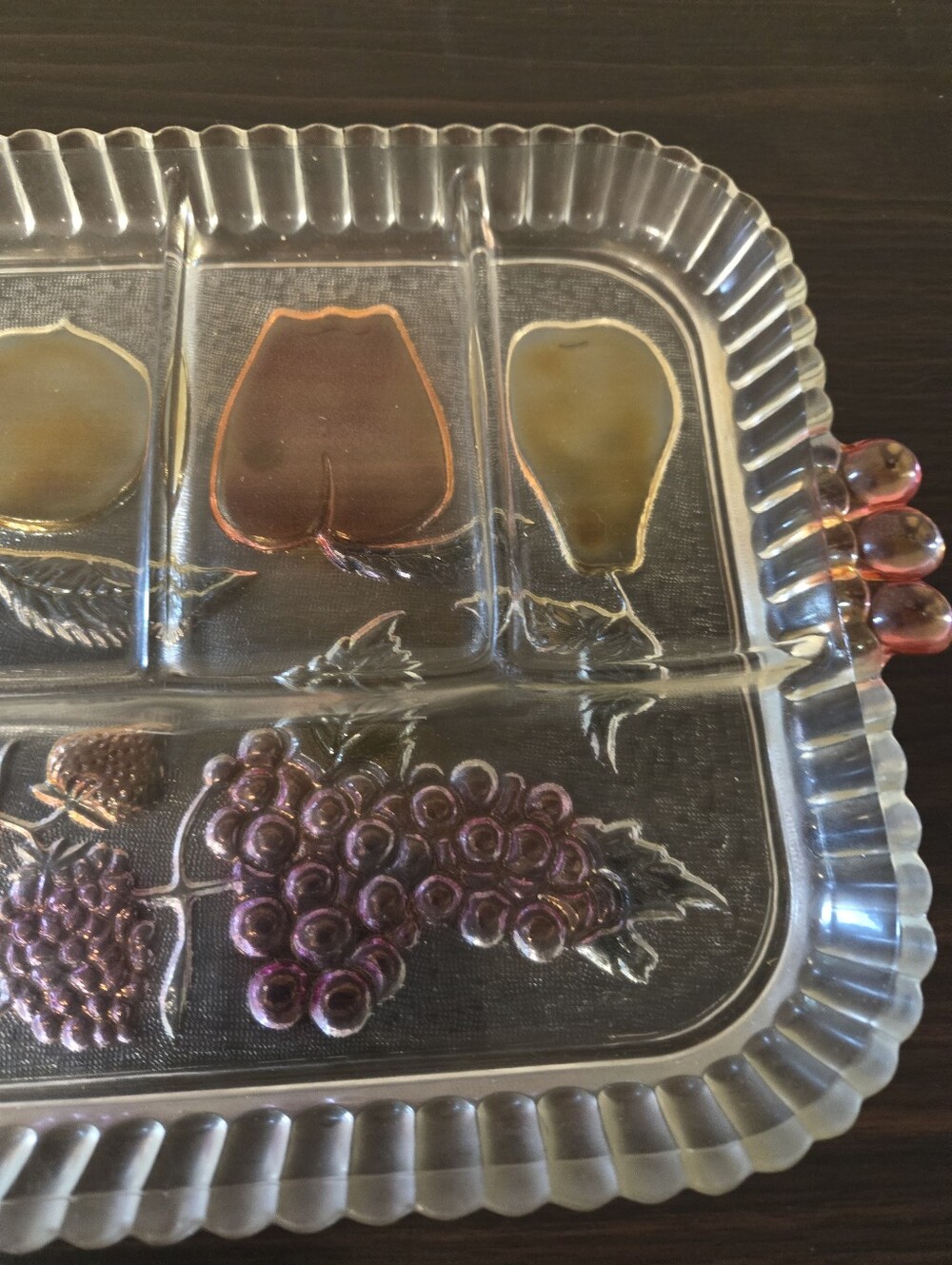 Vintage Glass Divided Serving Tray with Fruit Motif - Iridescent Purple Accents